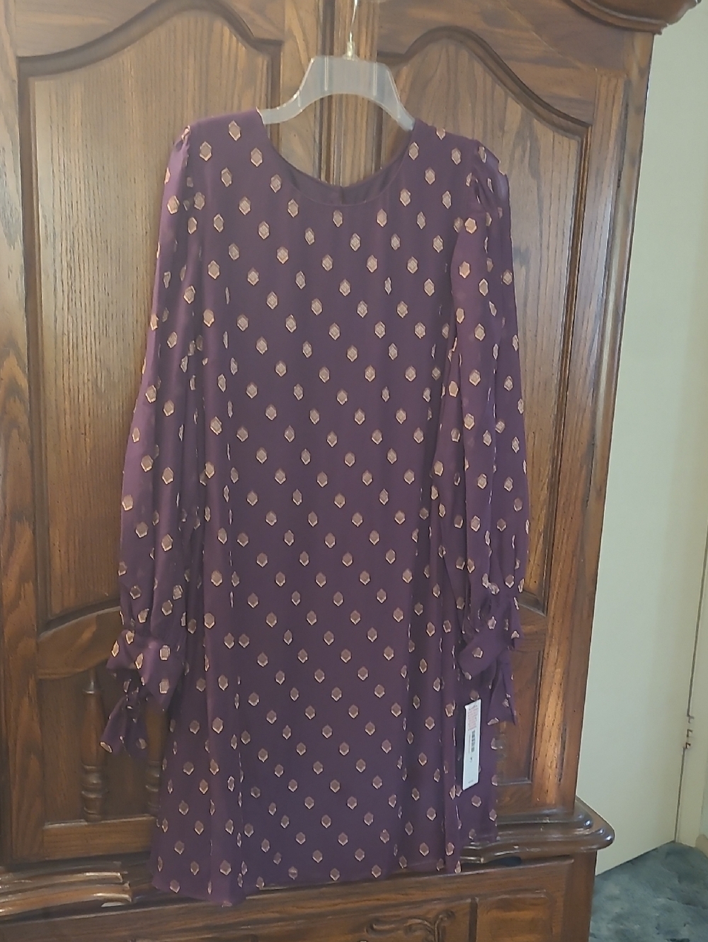 Calvin Klein Plum Long Sleeve Shift Dress with Gold Print